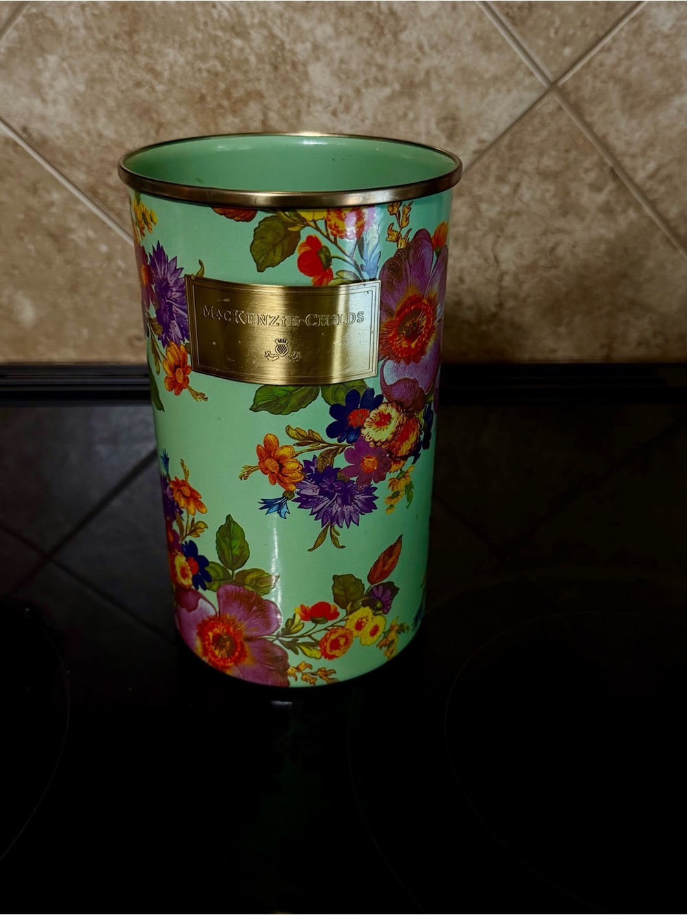 MacKenzie-Childs Mint Green Floral Ceramic Candle Holder with Gold Plaque